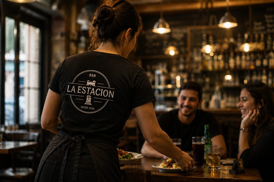Personal de comercio gastronómico con remera con logo