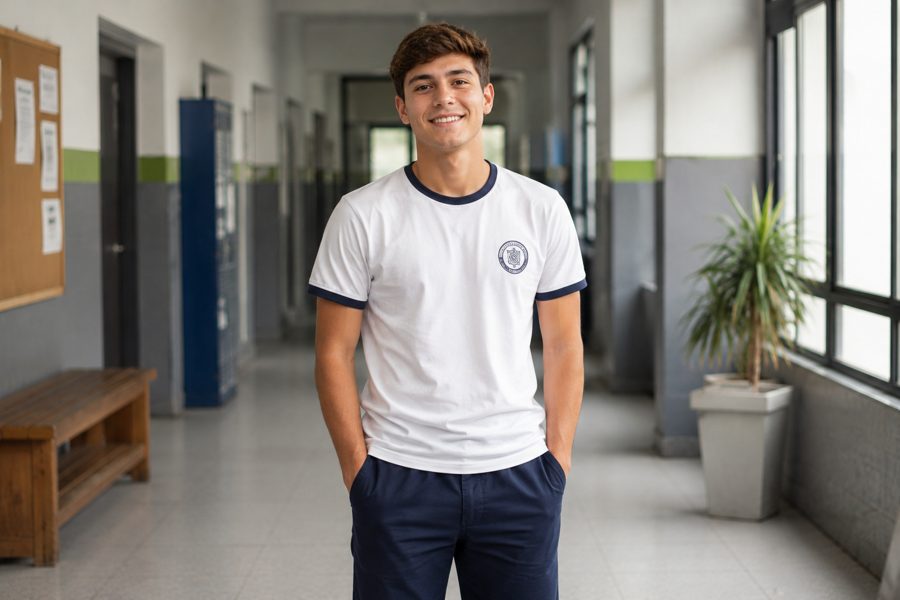 Alumno con remera escolar institucional